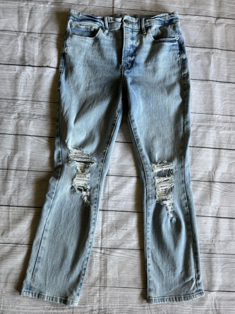 Good American Vintage Straight Ankle Jeans 8/29 Light Wash Distressed Raw Hem